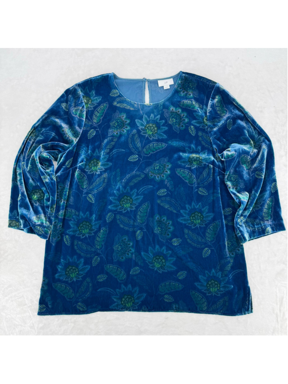 J Jill Blue Velvet Floral Top Boho Whimsigoth Fairy 3/4 Sleeve Size Small